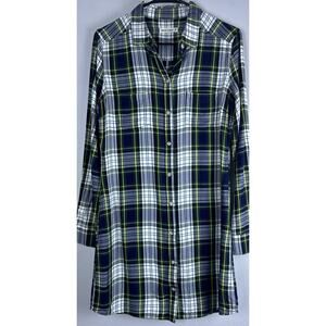 Marine Layer Sz M Blue Green Colorful Plaid Button Tab LS Classic Shirt Dress